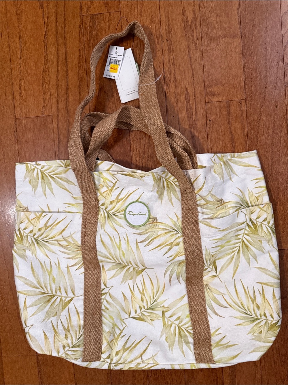 Rip Curl Organic 29L White Beach Tote with Pale Green Tropical Leaf NWT - Picture 10 of 10